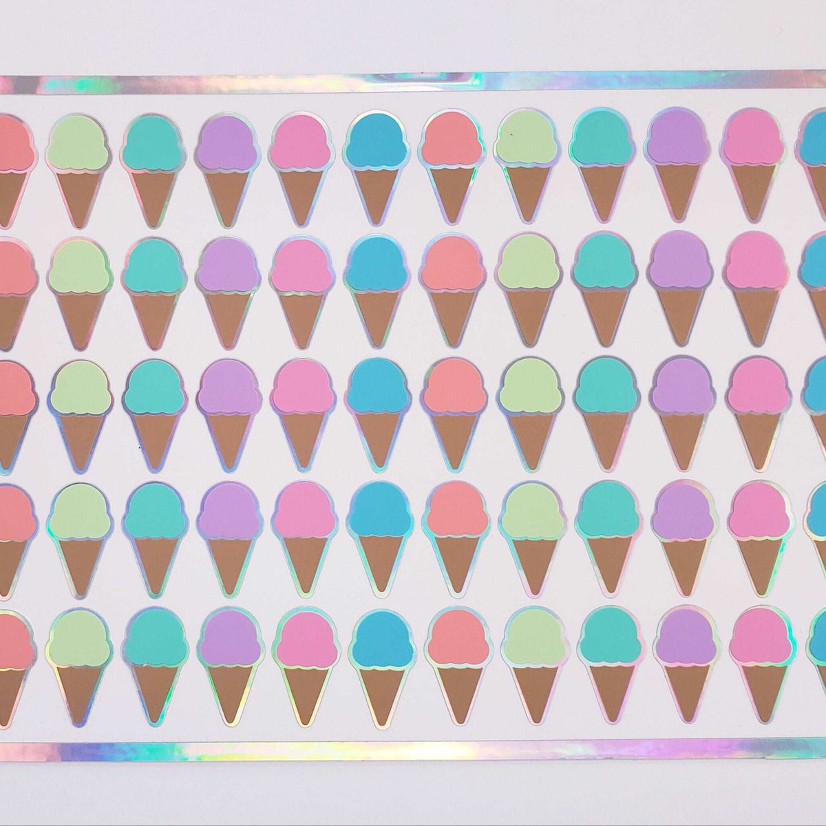 Ice Cream Cones Sticker Sheet, Set of 60 Rainbow Pastel Vinyl Decals for Party Invitations, Envelopes, and Planners.