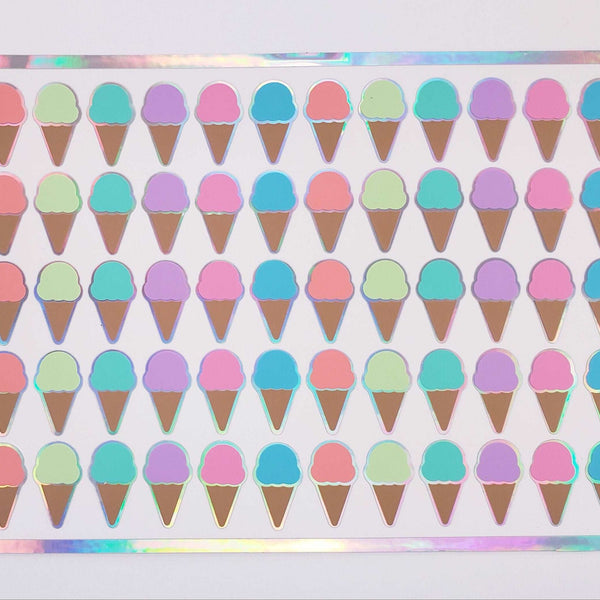 Ice Cream Cones Sticker Sheet, Set of 60 Rainbow Pastel Vinyl Decals for Party Invitations, Envelopes, and Planners.