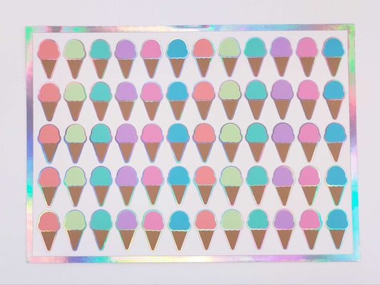 Ice Cream Cones Sticker Sheet, Set of 60 Rainbow Pastel Vinyl Decals for Party Invitations, Envelopes, and Planners.