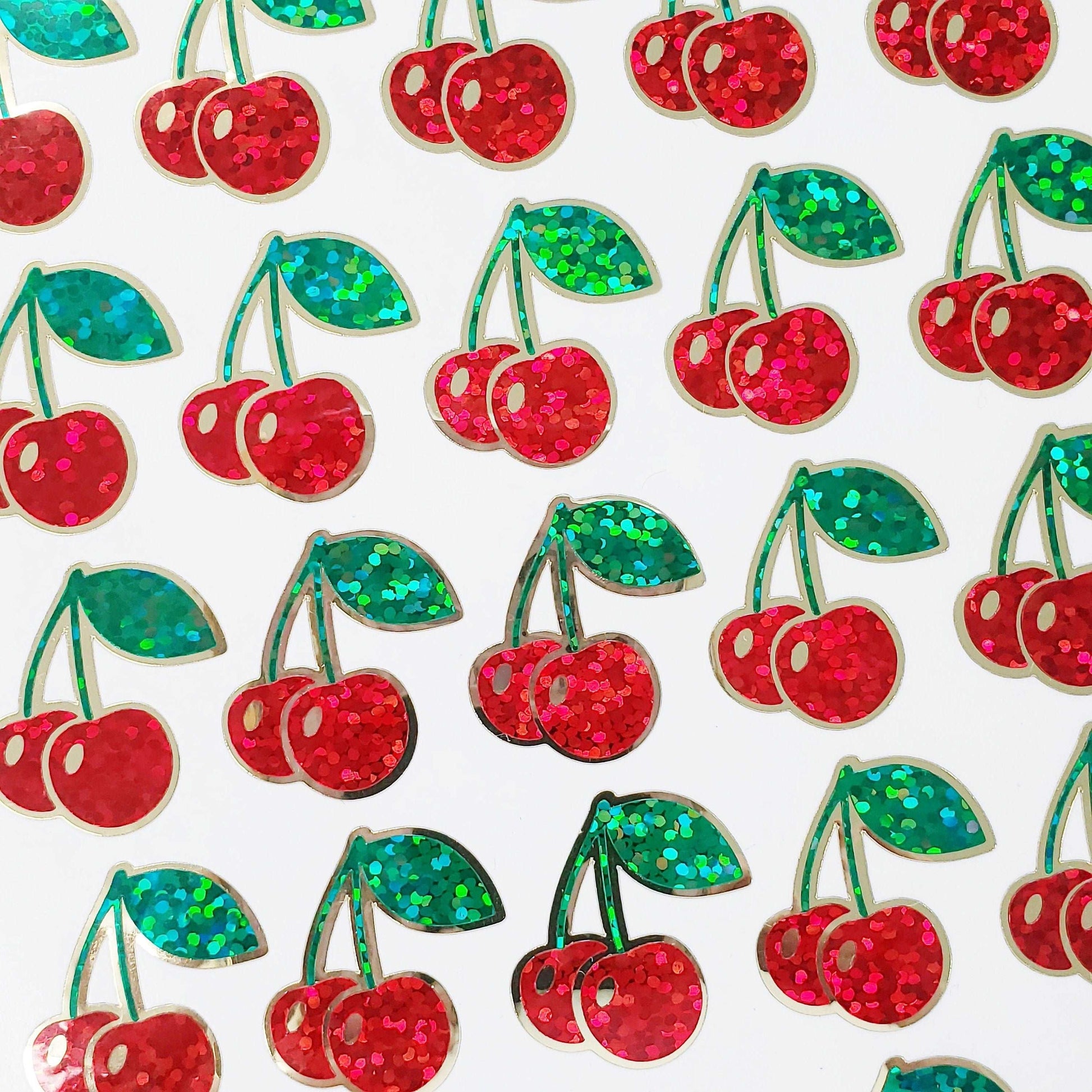 Cherry Sticker Sheet, set of 30 small sparkly retro style cherries, berry fruit stickers for laptops, scrapbook pages, journals, notebooks.