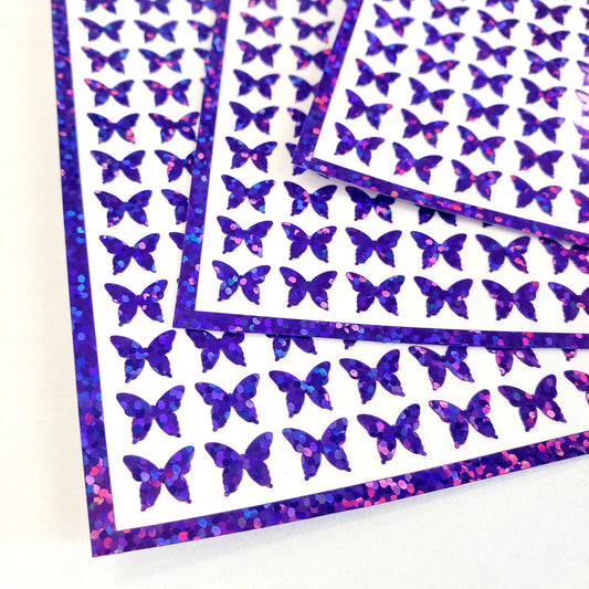 Purple Butterfly Stickers Sheet, set of 209 extra small glitter butterflies for scrapbook pages, journals, notebooks and craft projects.