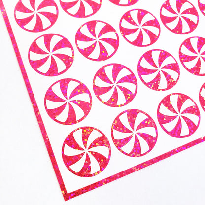 Pink Peppermint Candy Cane Pinwheels Stickers, set of 24 glitter stickers for holiday cards and gift tags