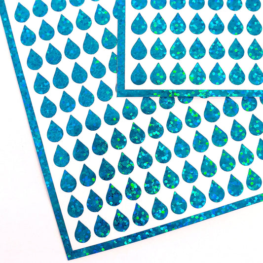 Water Droplet Stickers, set of 100 or 250 sparkly turquoise raindrop vinyl decals, drink water tracker, teardrop planner stickers