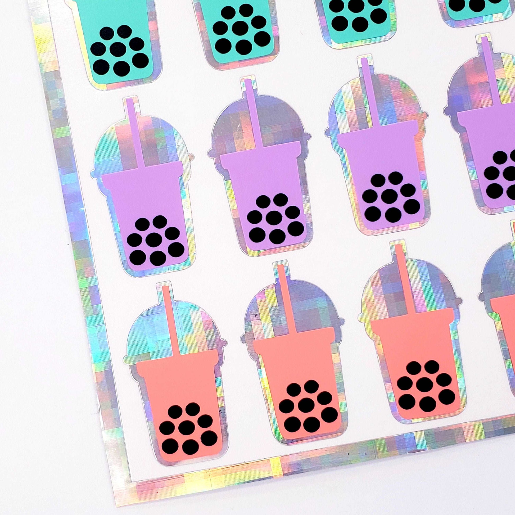Boba Tea Stickers, set of 36 cute cold drink holographic stickers for calendars, journals, and planners. Bubble tea lover gift. Pastels