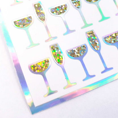 Champagne Glass Stickers, set of 60 sparkling wine glitter stickers for New Year's Eve, Wedding, Anniversary and bachelorette parties.