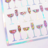 Pink Champagne Glass Stickers, set of 60 sparkling wine glitter stickers for New Year's Eve, Wedding, Anniversary and bachelorette parties.