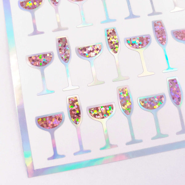 Pink Champagne Glass Stickers, set of 60 sparkling wine glitter stickers for New Year's Eve, Wedding, Anniversary and bachelorette parties.