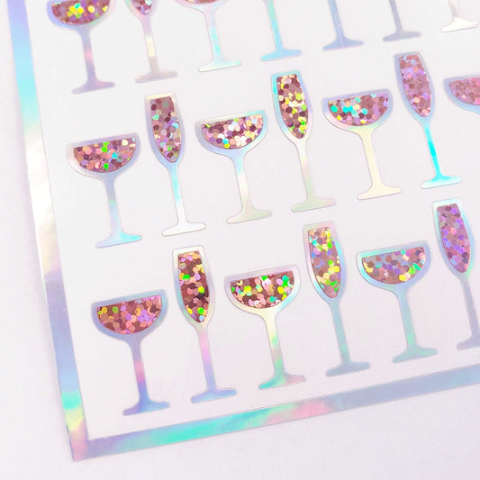 Pink Champagne Glass Stickers, set of 60 sparkling wine glitter stickers for New Year's Eve, Wedding, Anniversary and bachelorette parties.