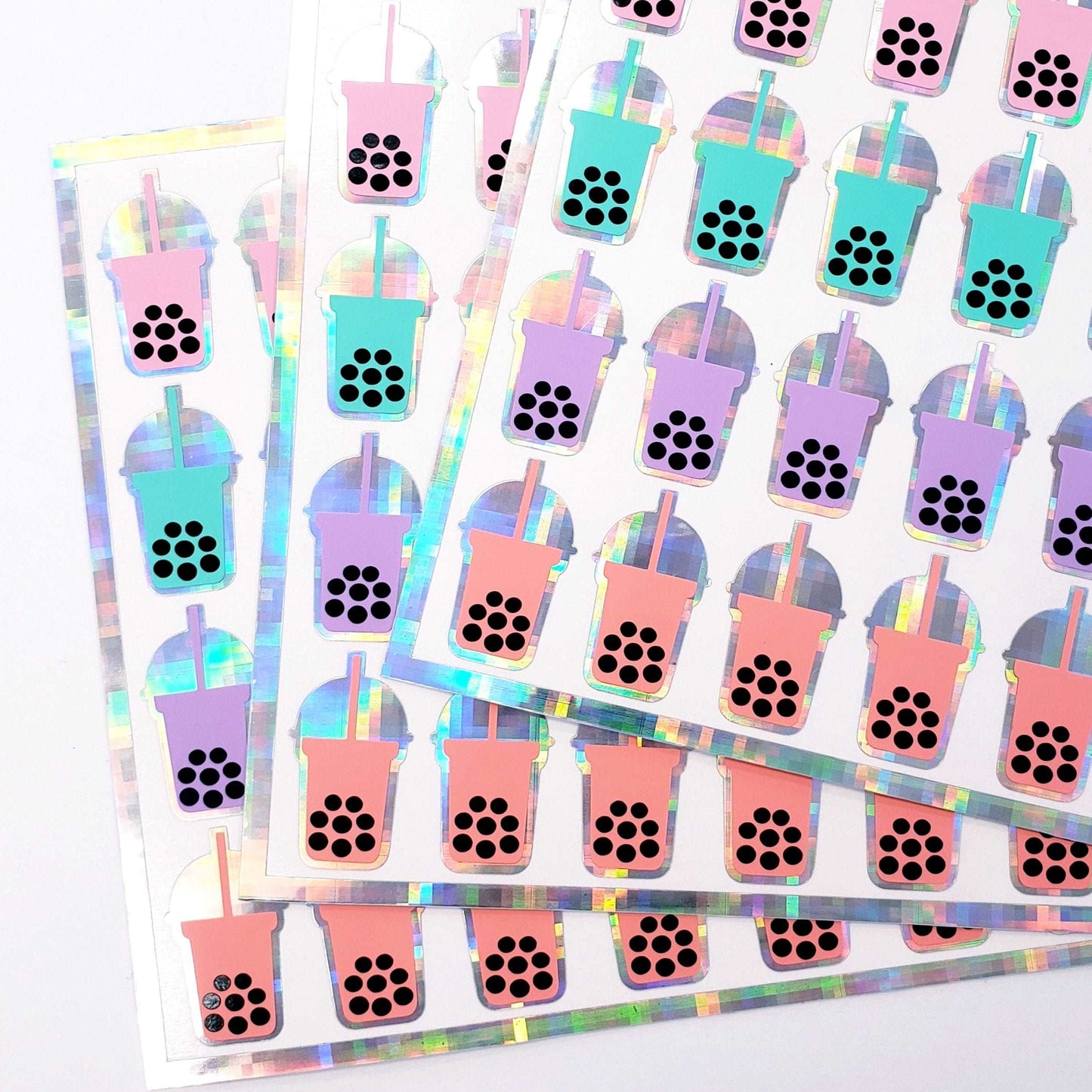 Boba Tea Stickers, set of 36 cute cold drink holographic stickers for calendars, journals, and planners. Bubble tea lover gift. Pastels