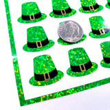 Leprechaun Hat Stickers, set of 35 green St. Patrick's Day hat glitter stickers for cards, envelopes, March calendars and craft projects.