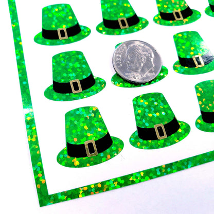 Leprechaun Hat Stickers, set of 35 green St. Patrick's Day hat glitter stickers for cards, envelopes, March calendars and craft projects.