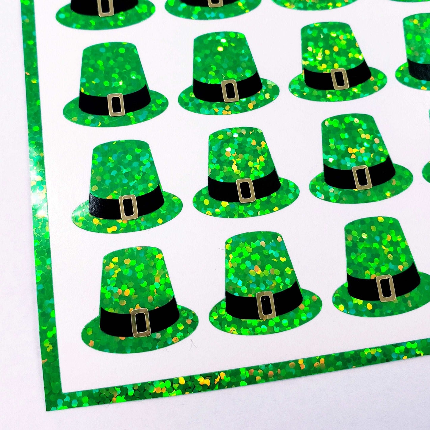 Leprechaun Hat Stickers, set of 35 green St. Patrick's Day hat glitter stickers for cards, envelopes, March calendars and craft projects.