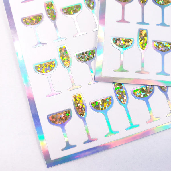 Champagne Glass Stickers, Holographic Wine Stickers, Set of 60, gold