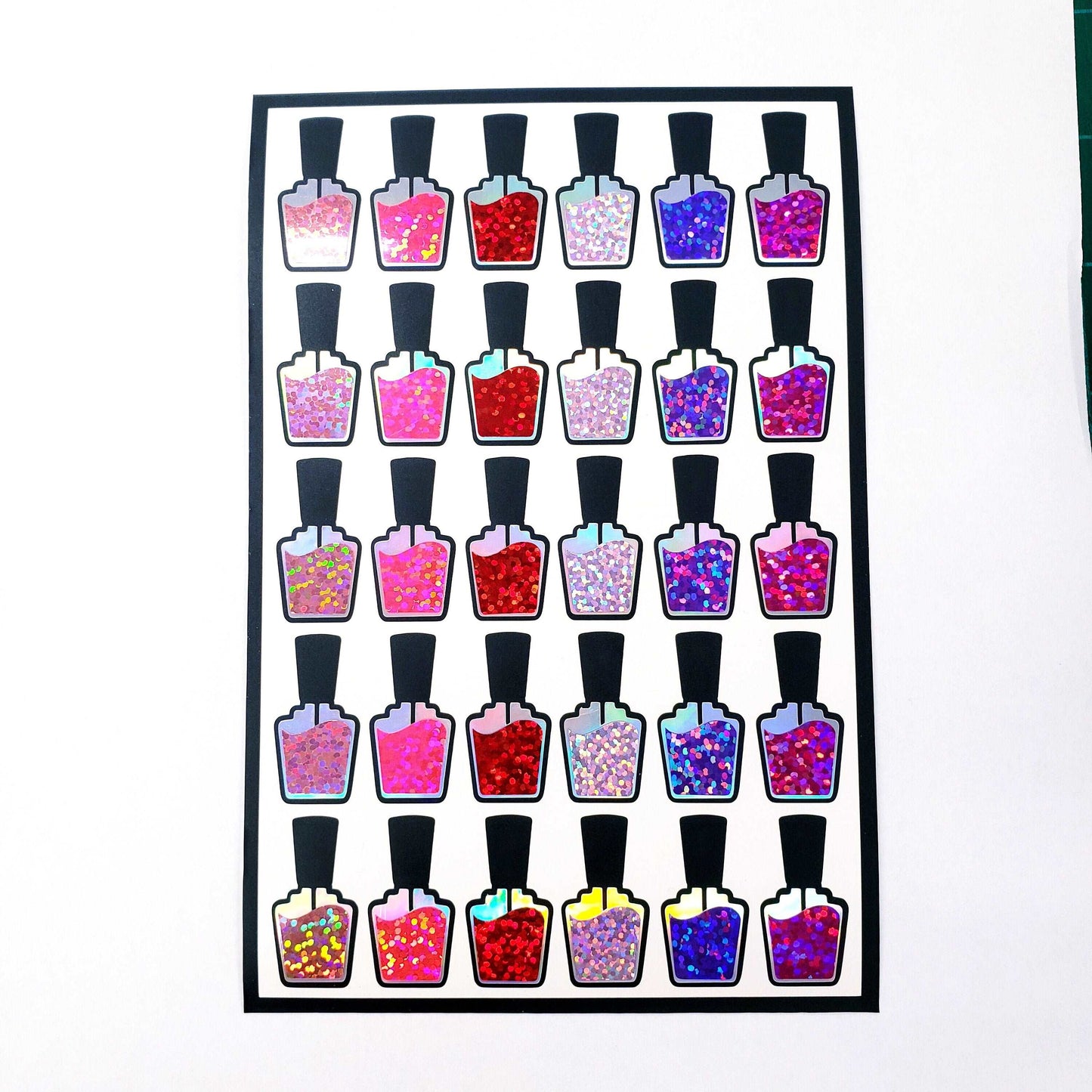 Nail Polish Bottles Sticker Sheet, set of 30 red, pink and purple glitter stickers for nail manicure appointments and cosmetic organization