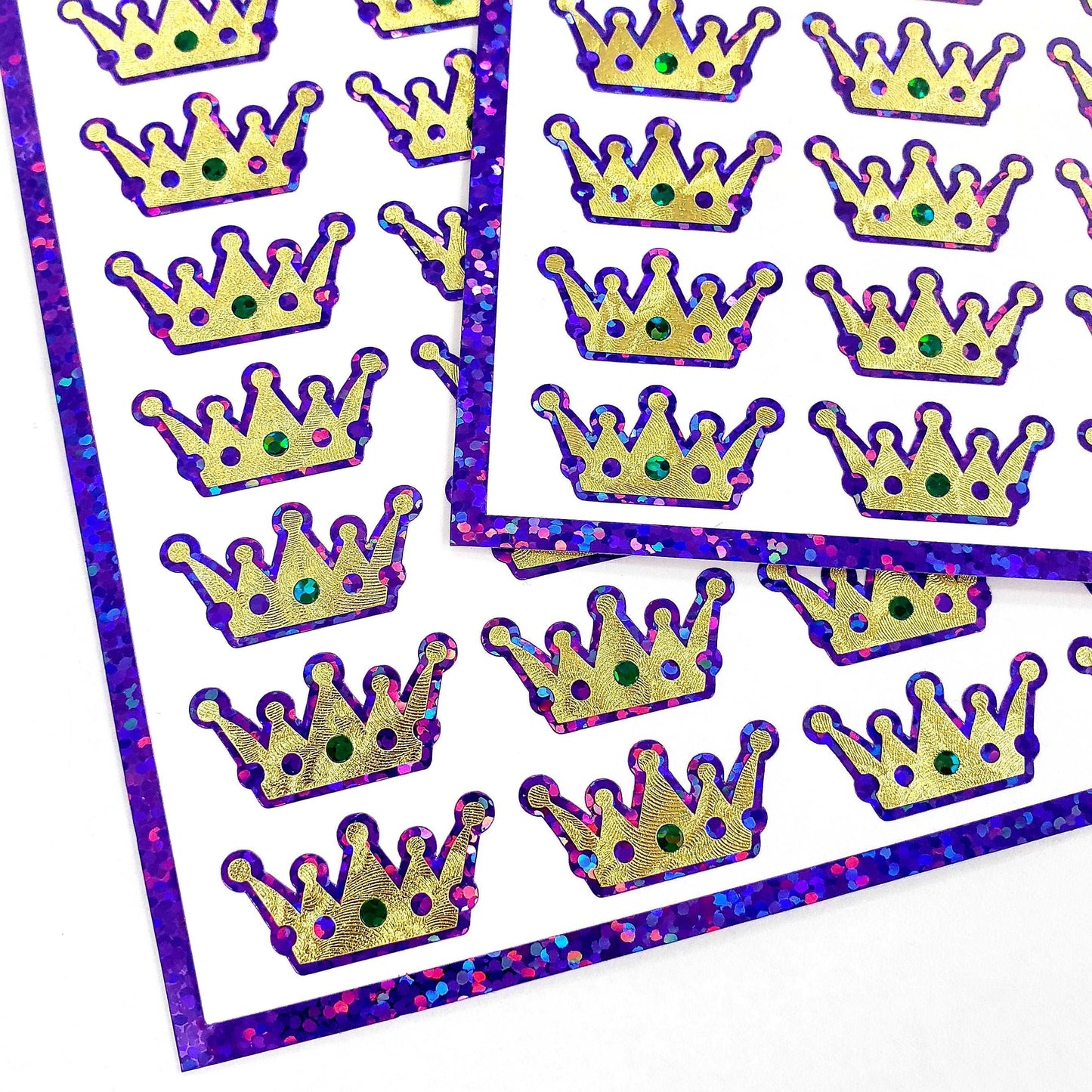 Mardi Gras Crown Stickers, set of 48 purple green and gold glitter stickers. Gold King crown stickers for Louisiana Fat Tuesday themed party
