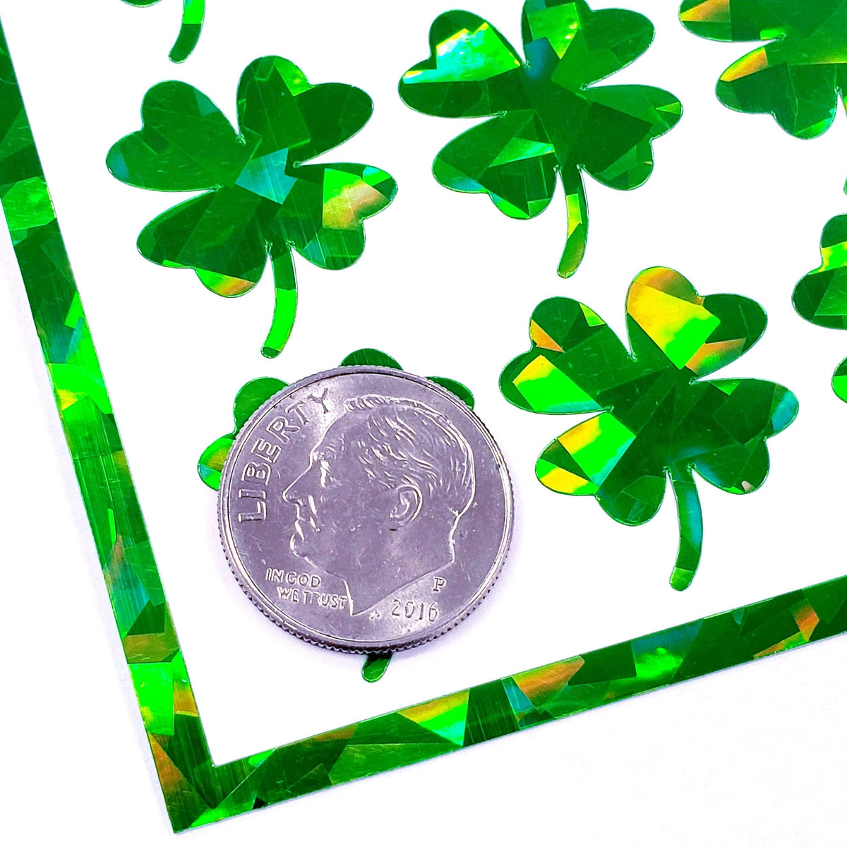 St. Patrick's Day Four Leaf Clover Stickers, set of 48 spring green sparkly lucky clovers shamrocks each 3/4"