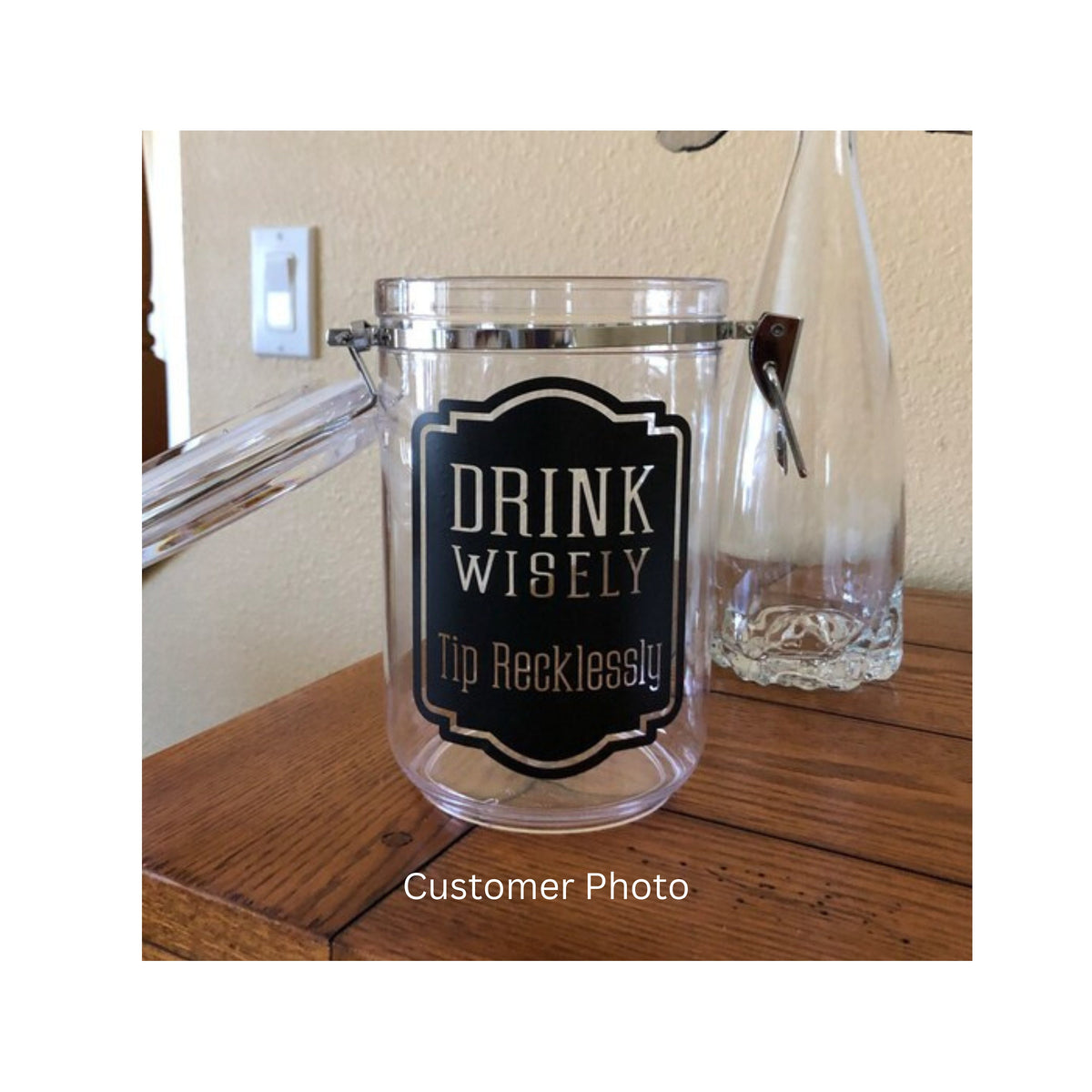 Tip Jar Decal, tip money canister label, bartender cocktail waitress gift, tip jar vinyl decal, drink wisely tip recklessly, DECAL ONLY
