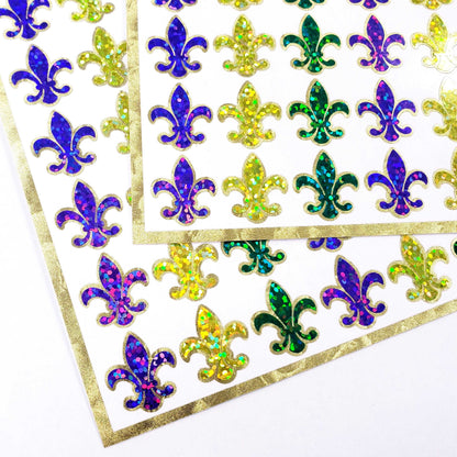 Mardi Gras Stickers, set of 48 purple green and gold French Fleur de Lis glitter stickers, Louisiana flower symbol, Fat Tuesday stickers.