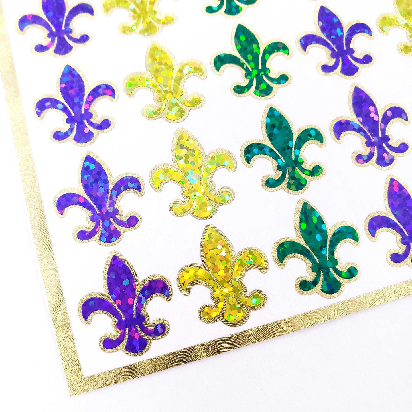 Mardi Gras Stickers, set of 48 purple green and gold French Fleur de Lis glitter stickers, Louisiana flower symbol, Fat Tuesday stickers.