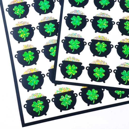 Pot of Gold Stickers, set of 24 St. Patrick's Day vinyl glitter stickers for calendars, planners, party invitations and paper craft projects
