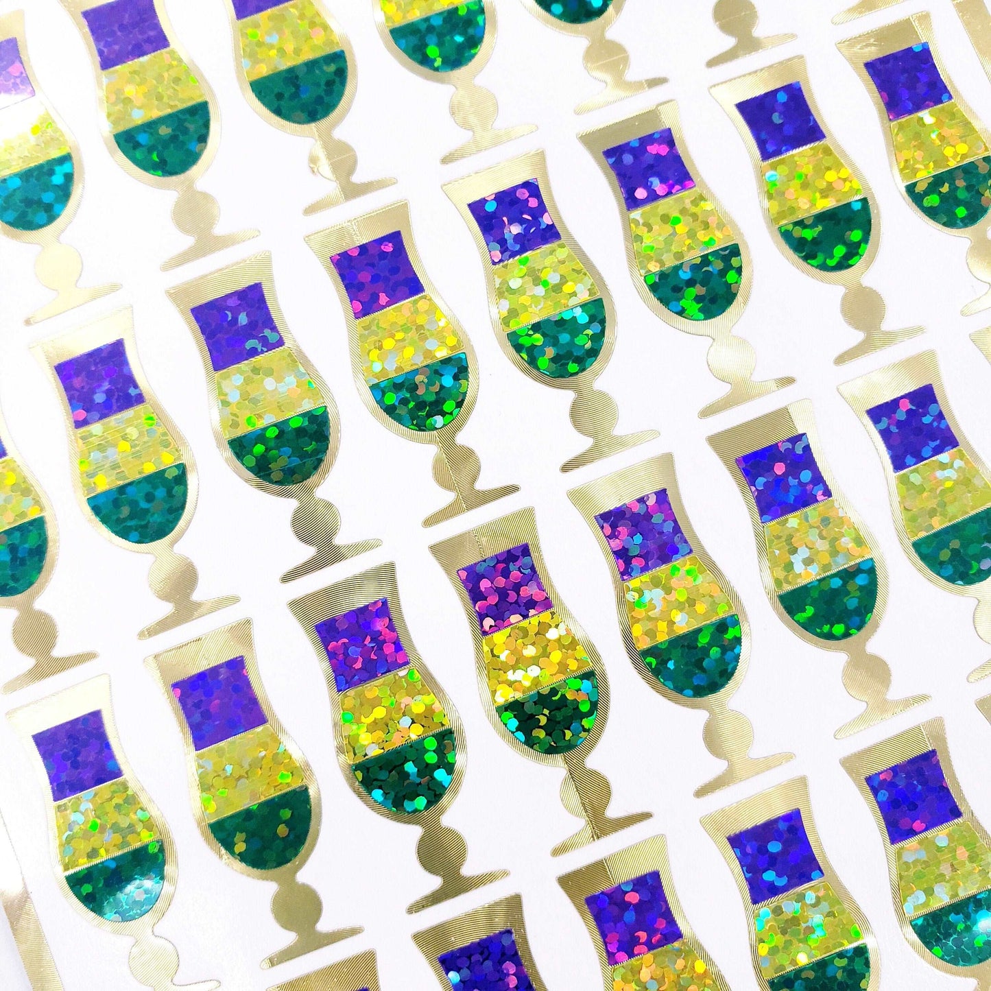 Mardi Gras Stickers, set of 40 Purple, Green, and Gold Hurricane Glass Decals for Fat Tuesday, Louisiana Inspired Drinks, Ash Wednesday