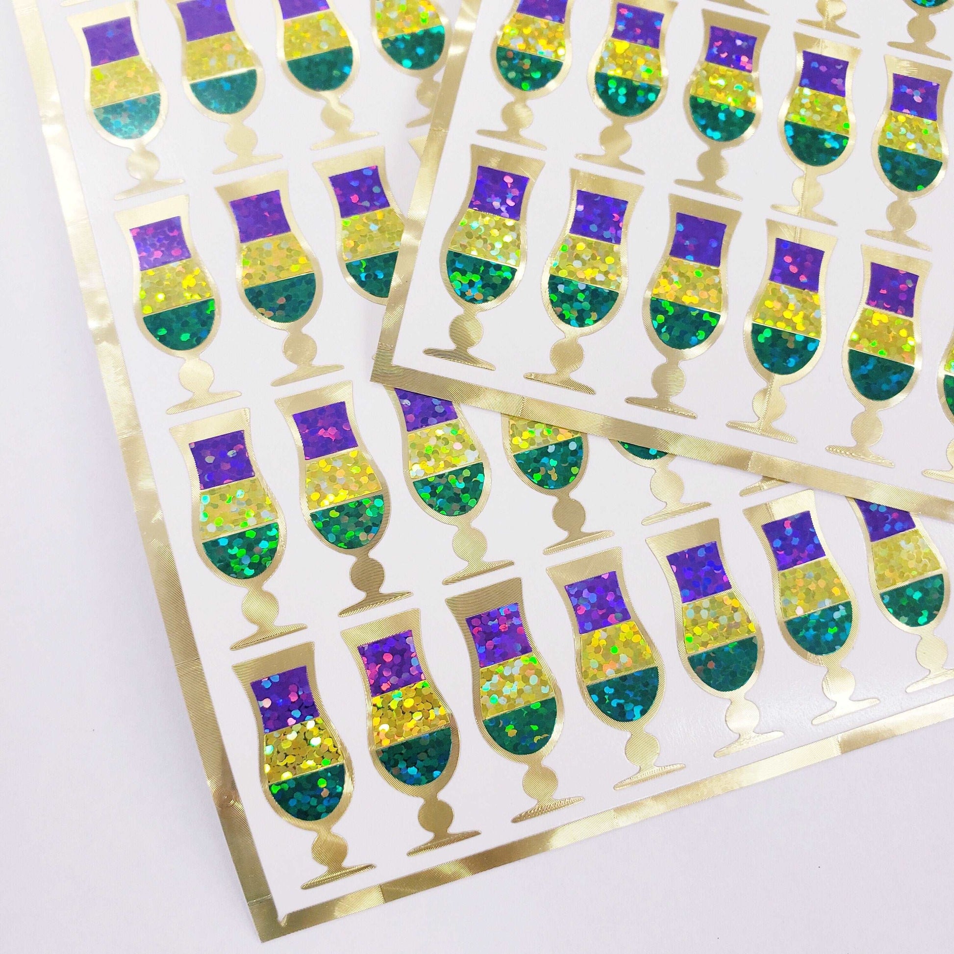 Mardi Gras Stickers, set of 40 Purple, Green, and Gold Hurricane Glass Decals for Fat Tuesday, Louisiana Inspired Drinks, Ash Wednesday