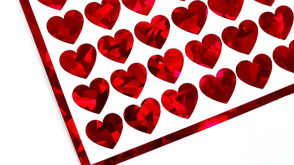  Red Hearts Sticker Sheet. Set of 104 sparkly vinyl heart decals for planners, notebooks, journals, charts and crafts. Red half inch hearts.