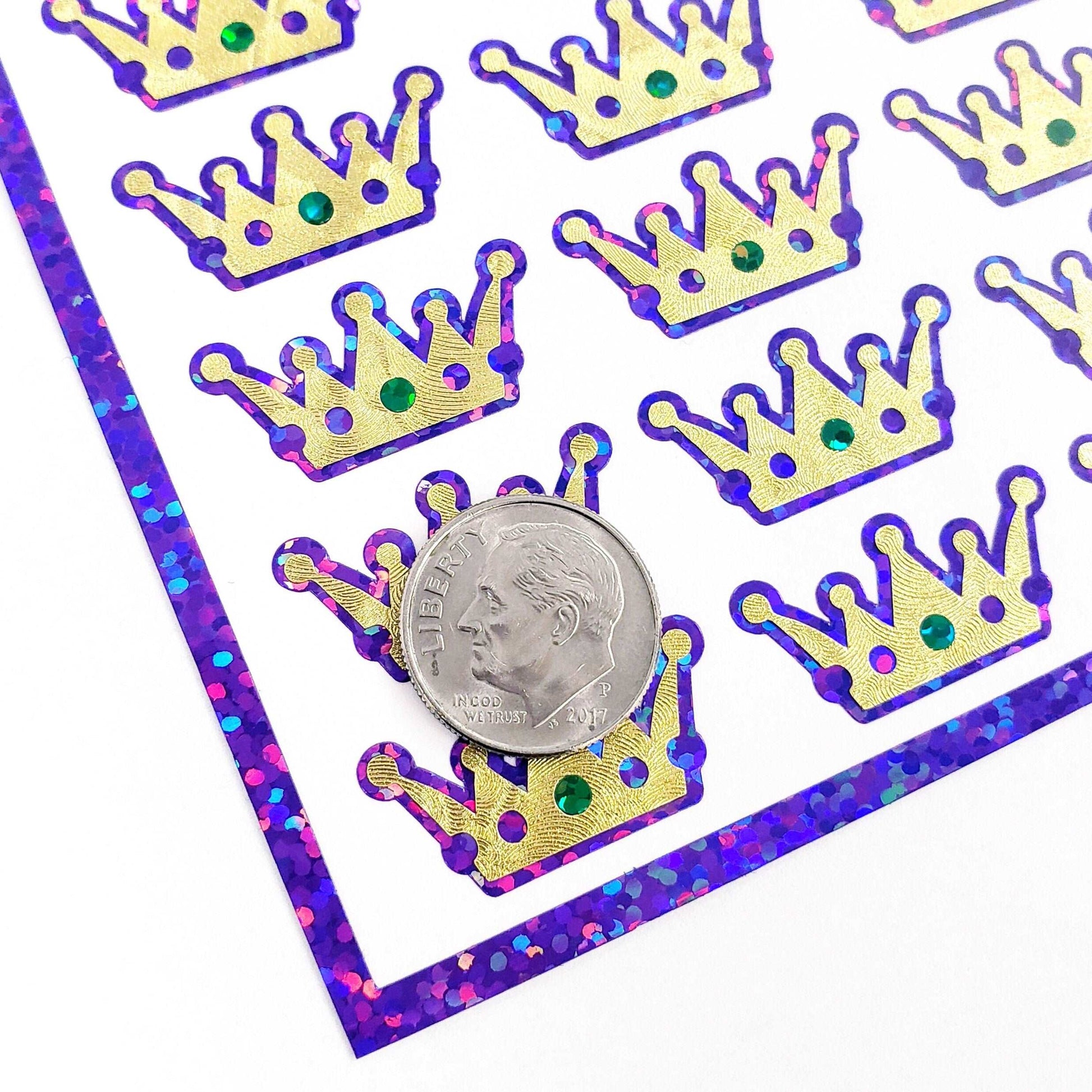 Mardi Gras Crown Stickers, set of 48 purple green and gold glitter stickers. Gold King crown stickers for Louisiana Fat Tuesday themed party