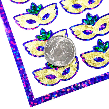 Mardi Gras Mask Stickers, set of 42 purple green and gold glitter stickers. Masquerade stickers for Louisiana Fat Tuesday themed party