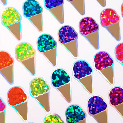 Ice Cream Cone Stickers, set of 60 Bright Rainbow Glitter Decals for Ice Cream Party Invitations, Card Envelopes, and Scrapbook Pages.