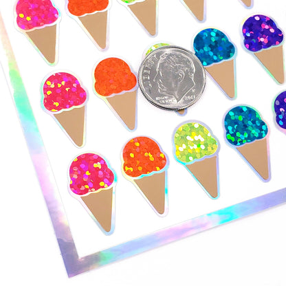 Ice Cream Cone Stickers, set of 60 Bright Rainbow Glitter Decals for Ice Cream Party Invitations, Card Envelopes, and Scrapbook Pages.