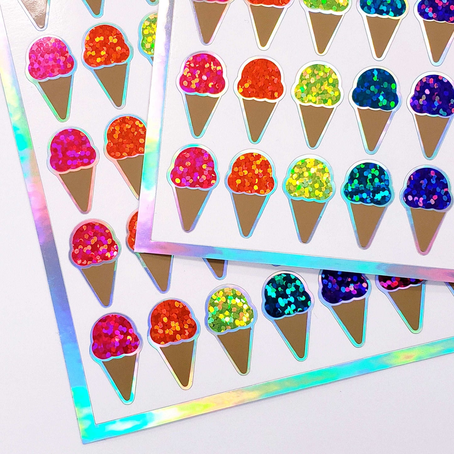Ice Cream Cone Stickers, set of 60 Bright Rainbow Glitter Decals for Ice Cream Party Invitations, Card Envelopes, and Scrapbook Pages.