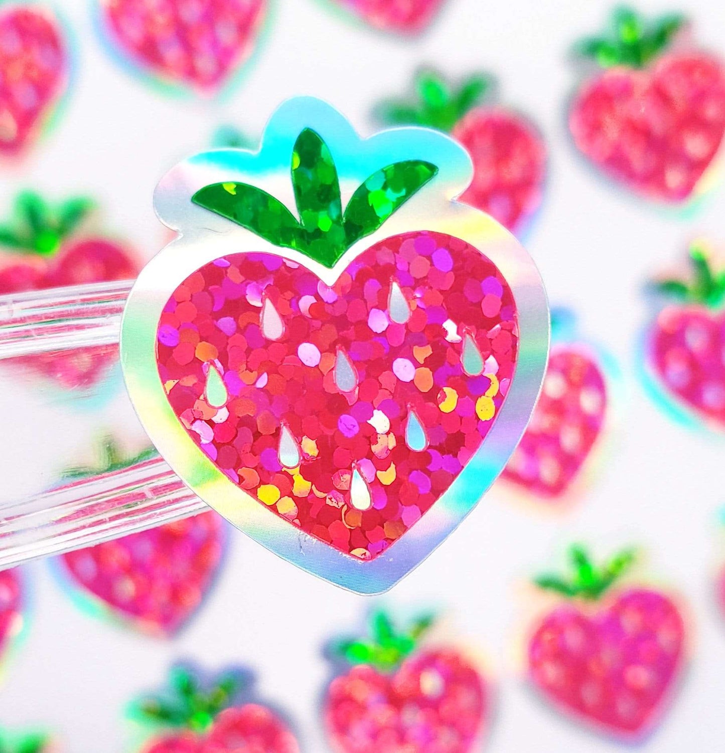 Pink Strawberry Heart Stickers, set of 30 cute fruit glitter decals for Valentine's Day cards, envelope seals, sticker gift for teachers.