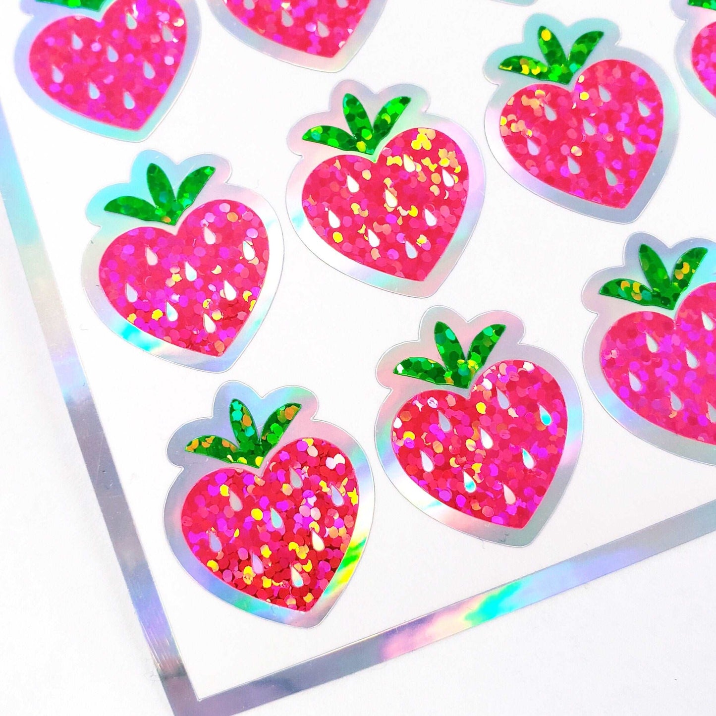 Pink Strawberry Heart Stickers, set of 30 cute fruit glitter decals for Valentine's Day cards, envelope seals, sticker gift for teachers.