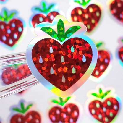 Red Strawberry Heart Stickers, set of 30 cute fruit glitter decals for Valentine's Day cards, envelope seals, sticker gift for teachers.