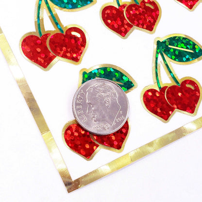 Red Cherry Heart Stickers, set of 24 cute fruit glitter decals for Valentine's Day cards, envelope seals, sticker gift for teachers.