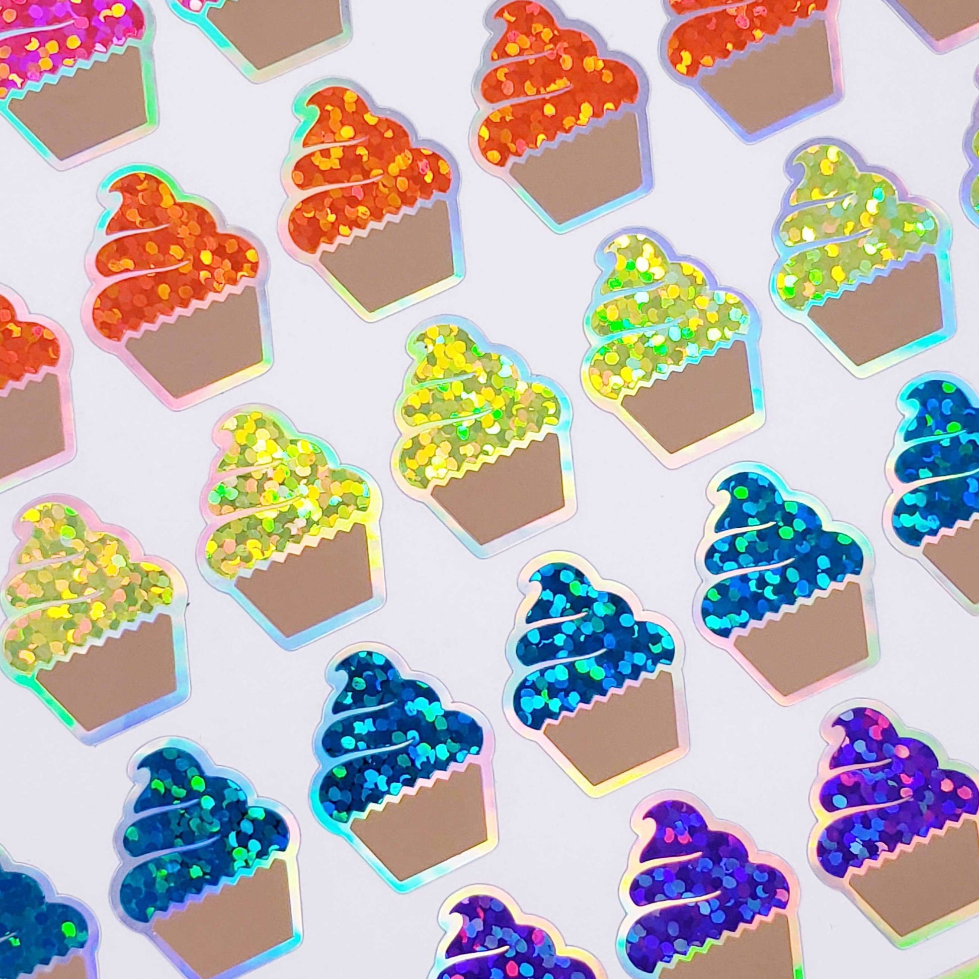 Rainbow Cupcake Glitter Stickers, set of 45 small birthday party cupcake decals for gift bags, invitations, envelopes and scrapbook pages.