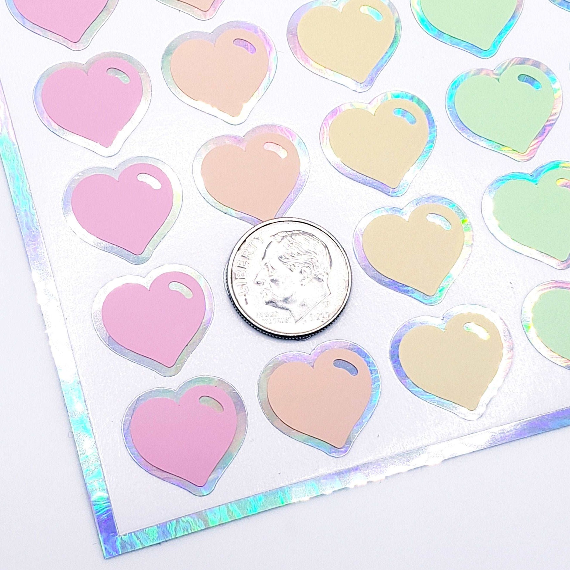 Pastel Rainbow Colors Heart Stickers, set of 60 small vinyl hearts for invitations, envelopes and journals, Scrapbook page embellishments.