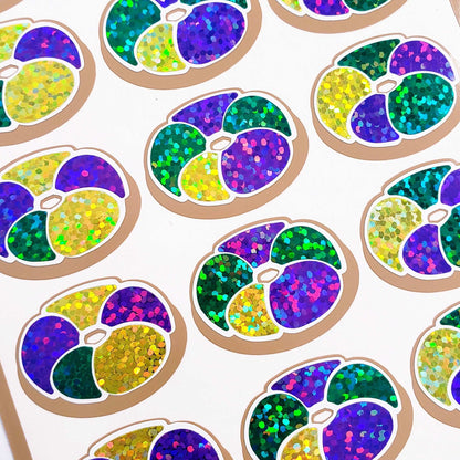 Mardi Gras King Cake Stickers, set of 18 Louisiana carnival glitter stickers for gift bags, party favors, envelopes & hurricane glasses.