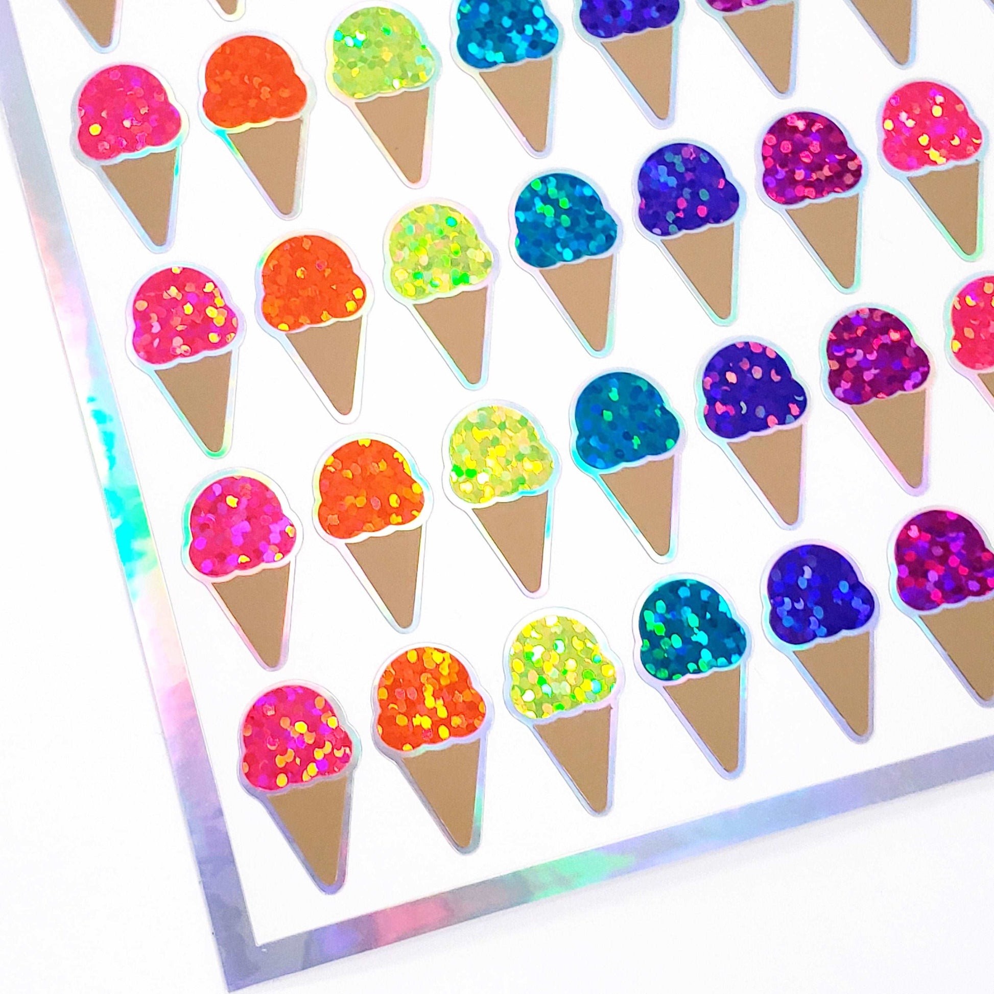 Ice Cream Cone Stickers, set of 60 Bright Rainbow Glitter Decals for Ice Cream Party Invitations, Card Envelopes, and Scrapbook Pages.