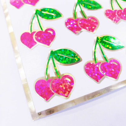 Pink Cherry Heart Stickers, set of 24 cute fruit glitter decals for Valentine's Day cards, envelope seals, sticker gift for teachers.