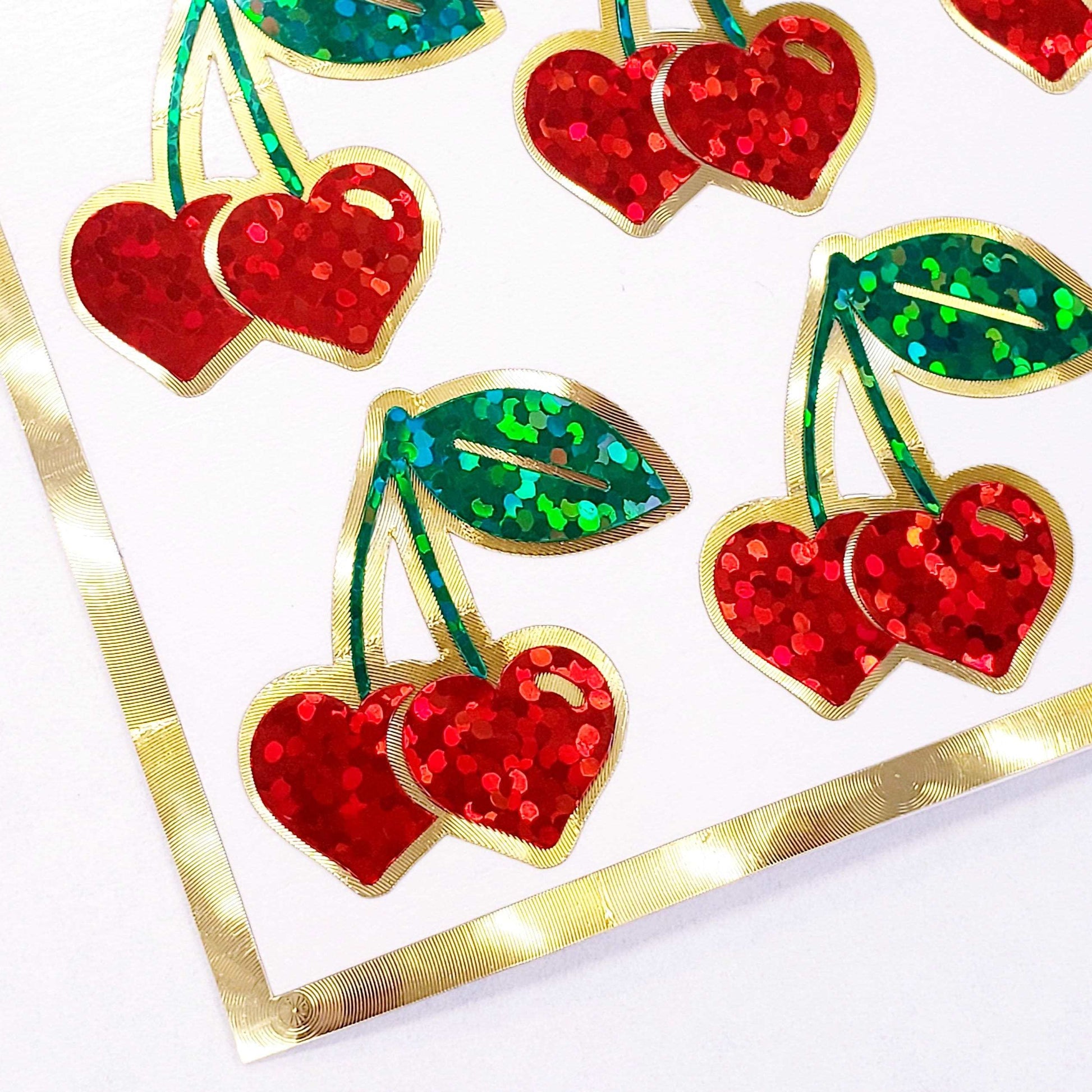 Red Cherry Heart Stickers, set of 24 cute fruit glitter decals for Valentine's Day cards, envelope seals, sticker gift for teachers.