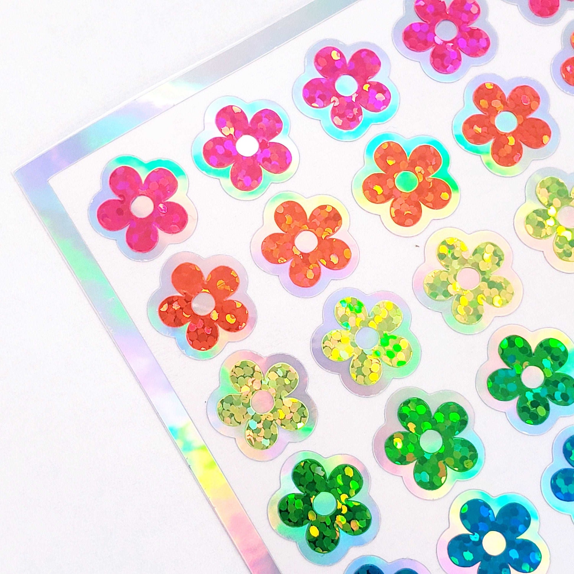 Neon Flower Stickers, set of 88 small rainbow daisy decals, bright glitter vinyl flowers for laptops, planners and notebooks. Sticker gift.