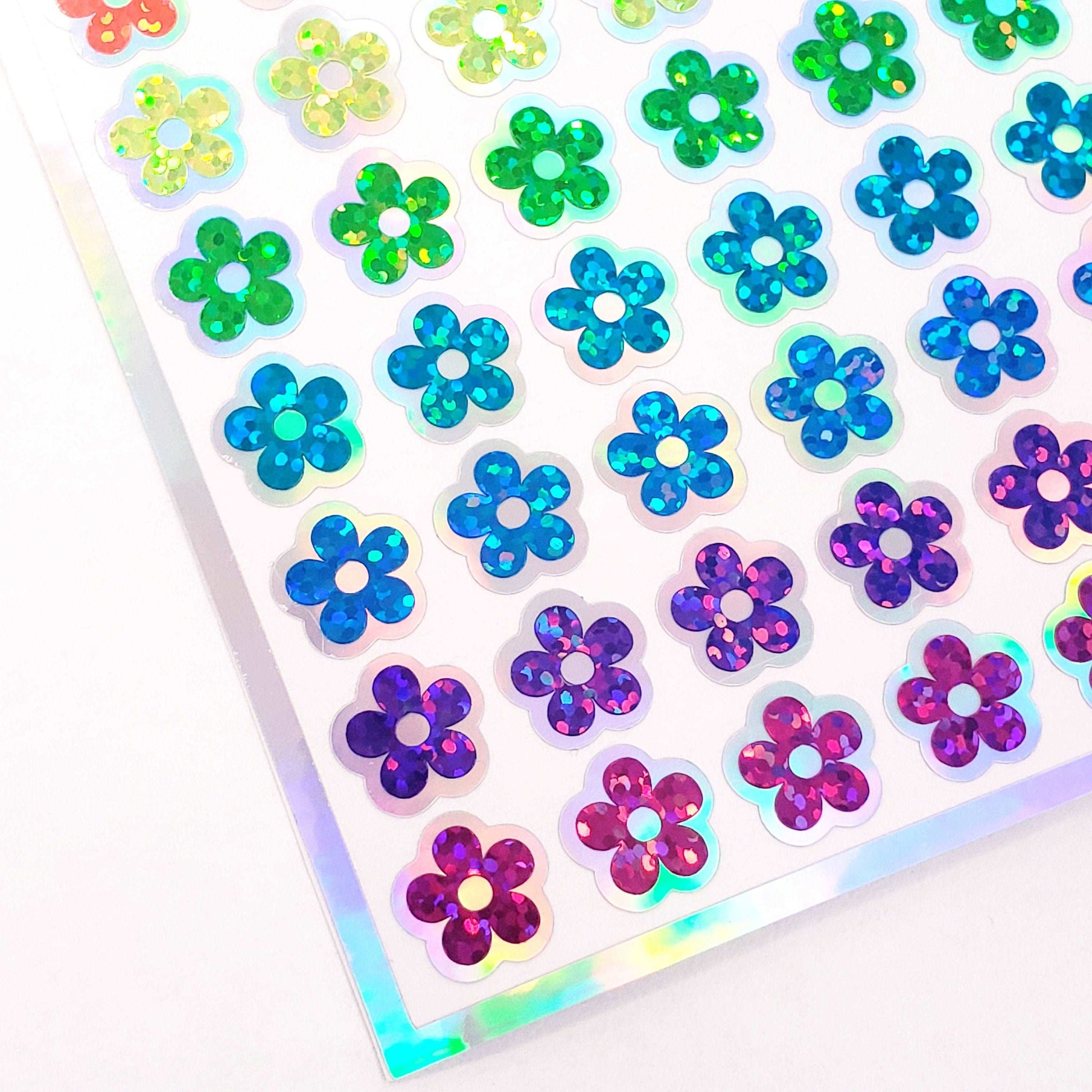 Neon Flower Stickers, set of 88 small rainbow daisy decals, bright glitter vinyl flowers for laptops, planners and notebooks. Sticker gift.