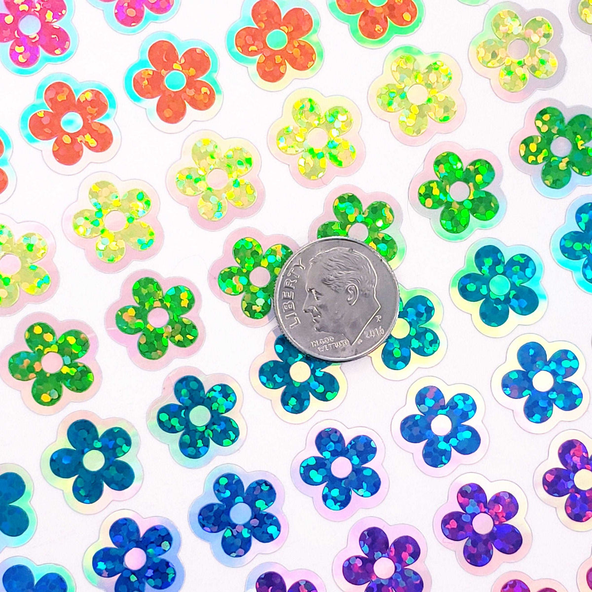Neon Flower Stickers, set of 88 small rainbow daisy decals, bright glitter vinyl flowers for laptops, planners and notebooks. Sticker gift.
