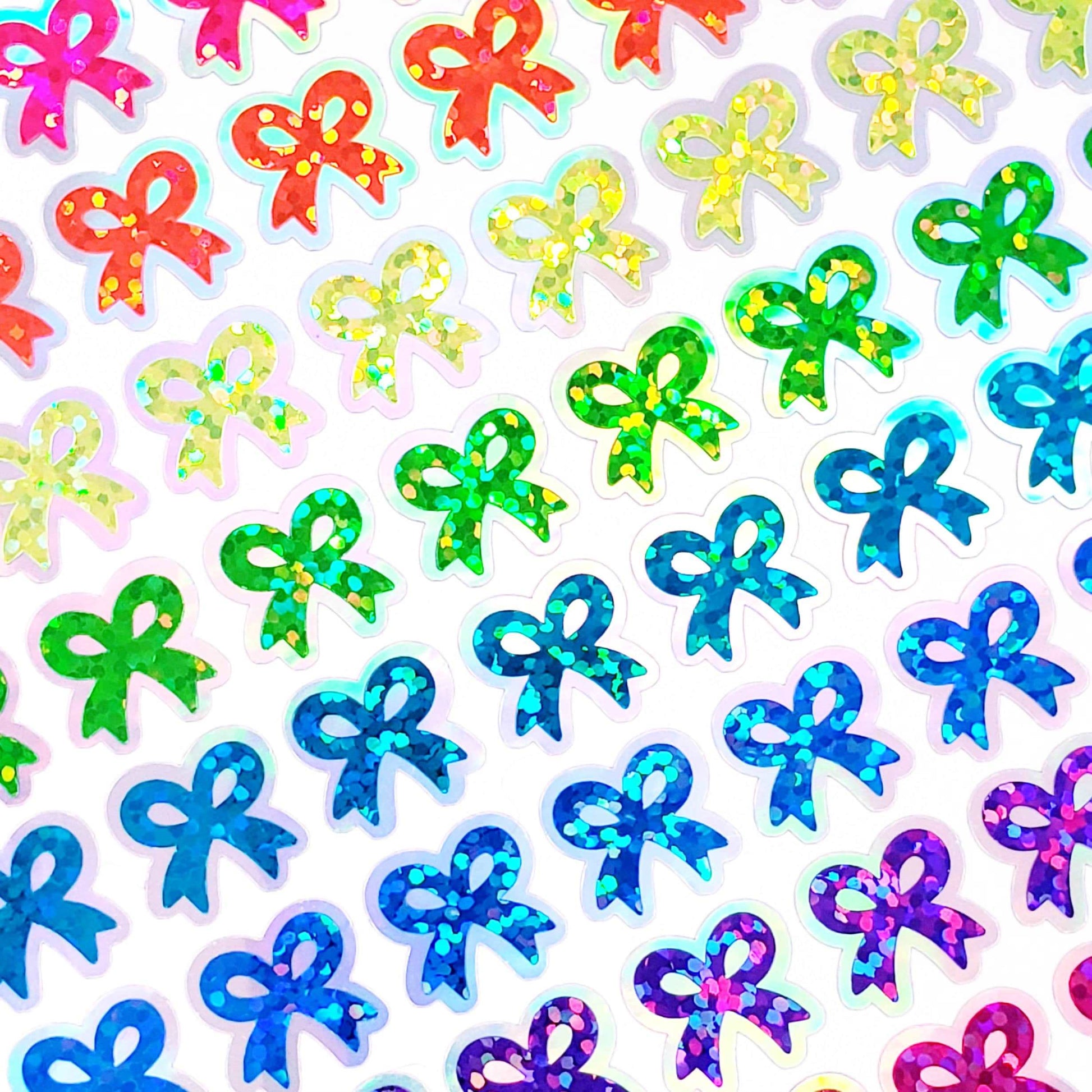 Bow Stickers, set of 88 small ribbon stickers in neon rainbow colors, peel and stick decals for planners, journals, gift tags and cards.