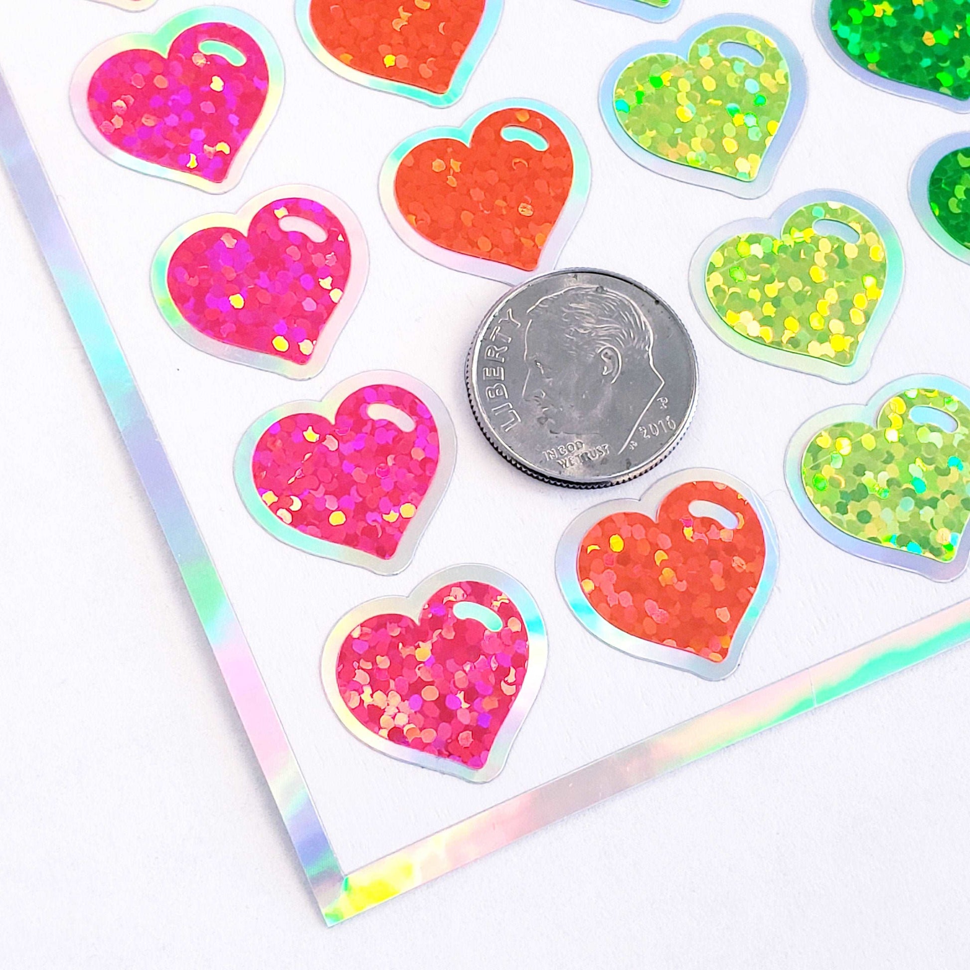 Neon Rainbow Colors Heart Stickers, set of 60
