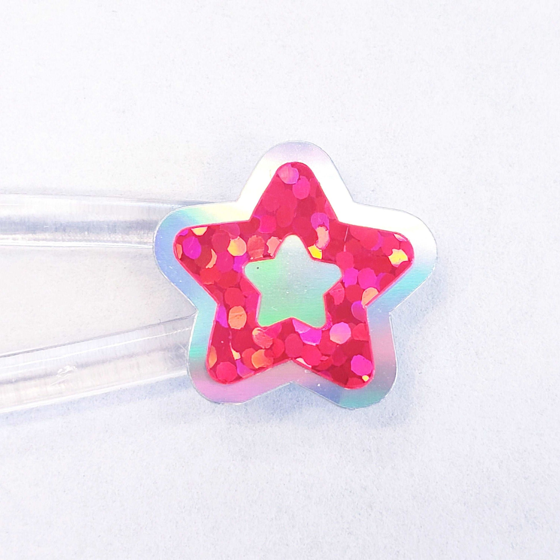 Neon Star Stickers, set of 70 small rainbow open star decals, bright glitter vinyl stars for laptops, planners and notebooks. Sticker gift.