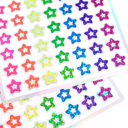 Neon Star Stickers, set of 70 small rainbow open star decals, bright glitter vinyl stars for laptops, planners and notebooks. Sticker gift.