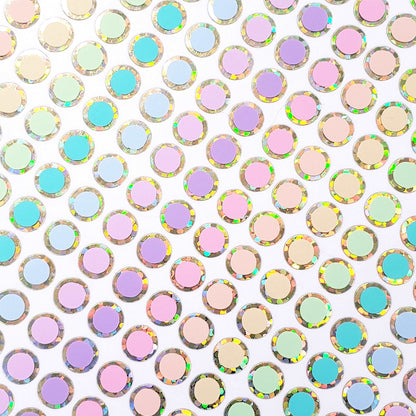 Pastel Colors Rainbow Dots Sticker Sheets, set of 368 small round multi color vinyl dot decals, one quarter inch dot stickers, gold outline.